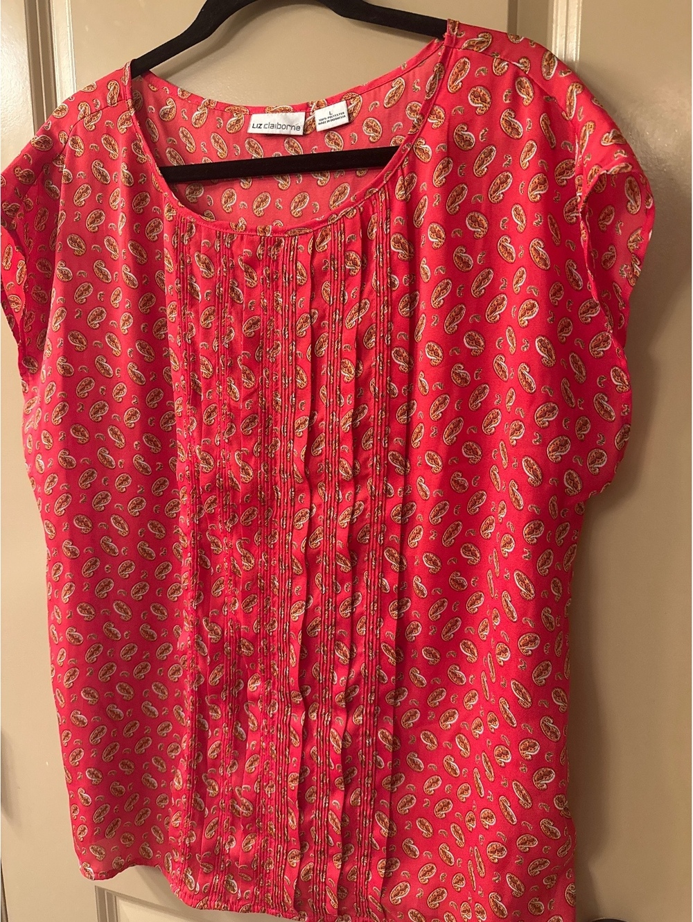 Liz Claiborne Women's Red Paisley Print Blouse with Pleated Front, Size Large - Picture 2 of 5